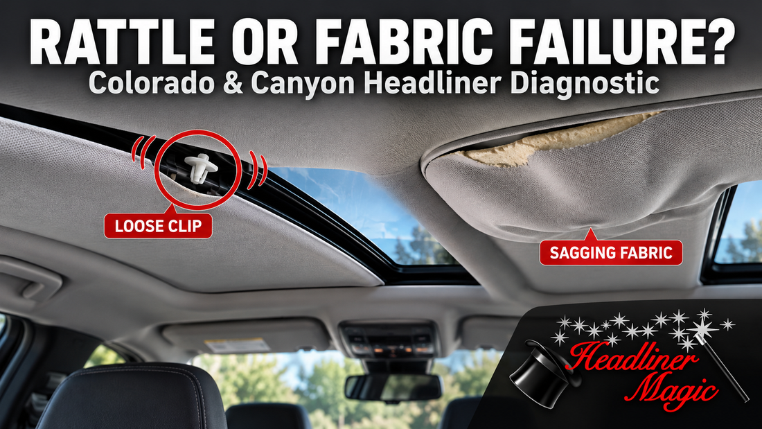 Colorado and Canyon headliner diagnostic graphic comparing a loose clip near the sunroof with sagging fabric exposing foam backing.