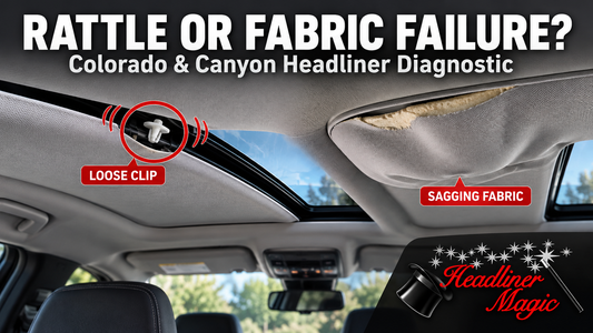 Colorado and Canyon headliner diagnostic graphic comparing a loose clip near the sunroof with sagging fabric exposing foam backing.