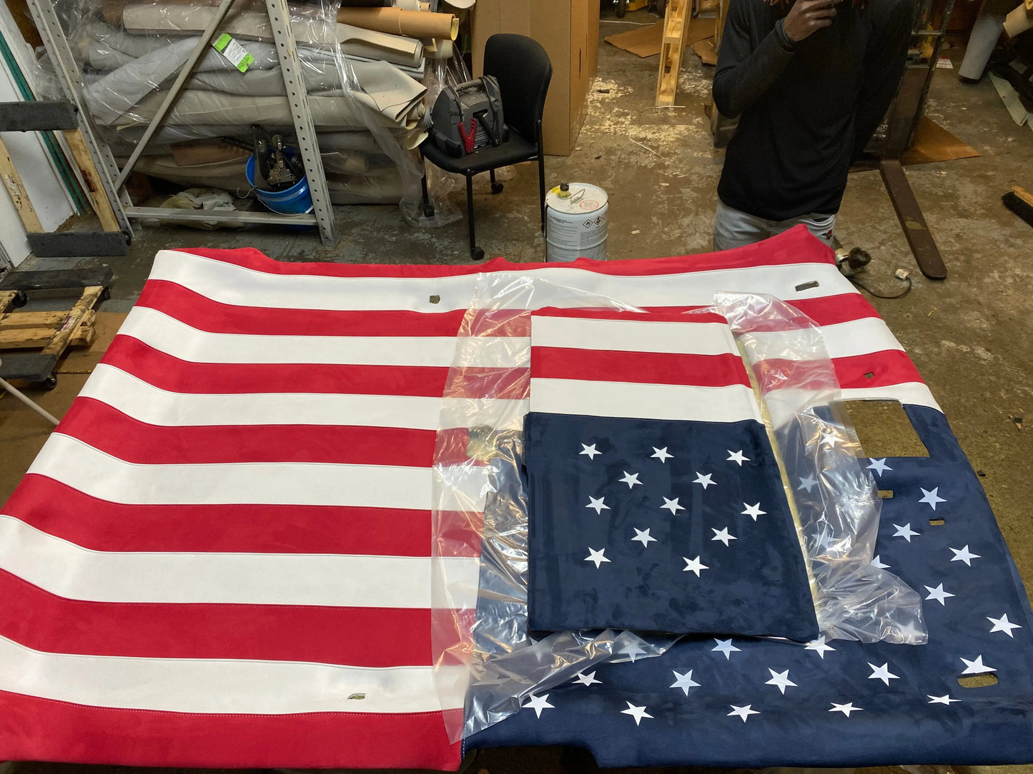 Black and Charcoal Suede American Flag Headliner fits Ford F350 Crew Cab