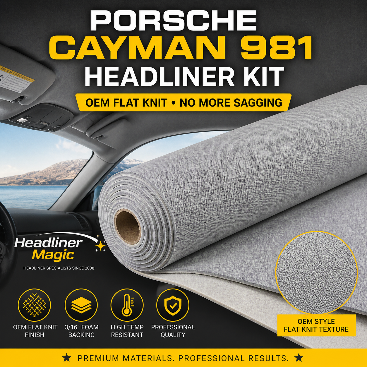 Porsche Cayman 981 Headliner Fabric Kit (Flat Knit OEM Style) 2013–2016