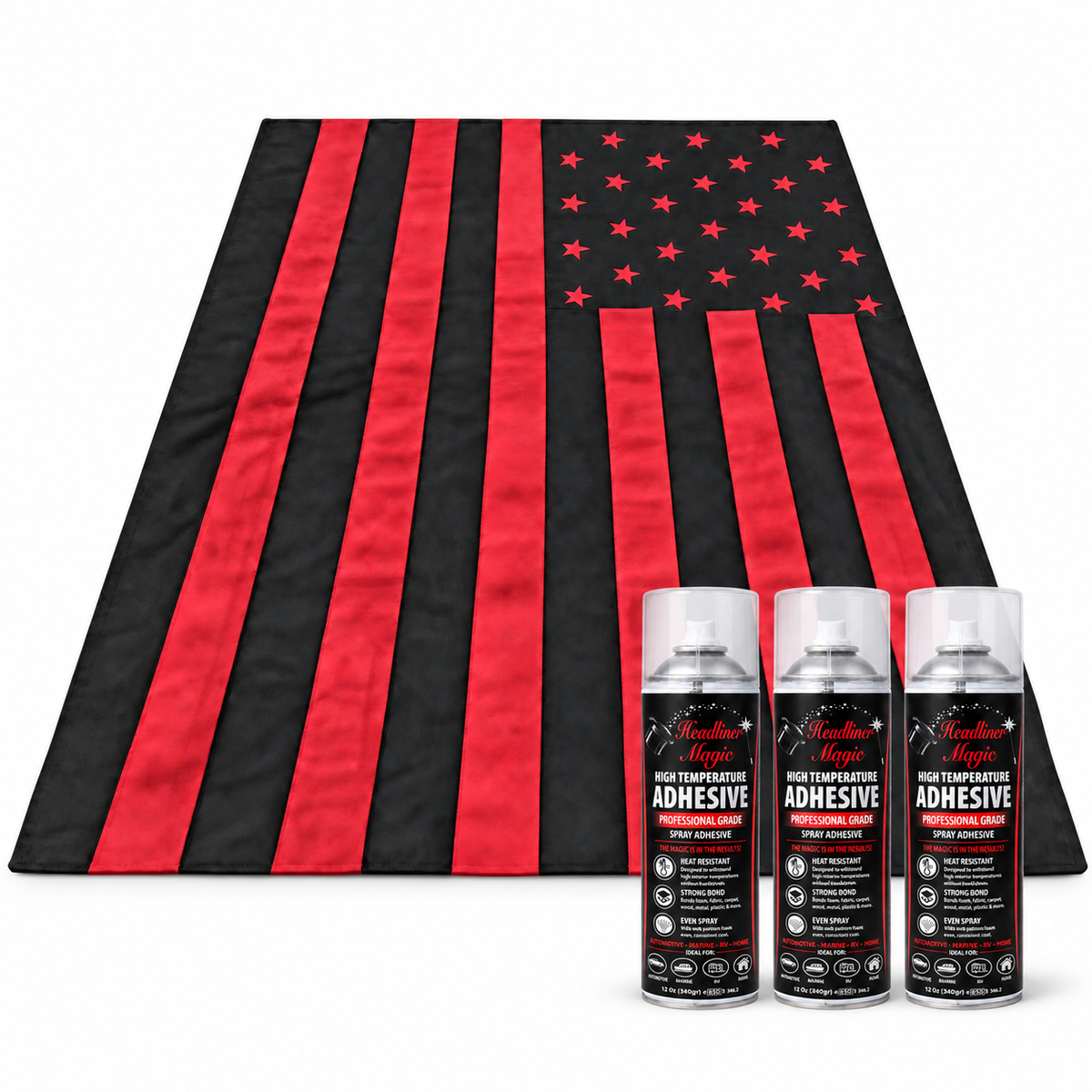 Black and red suede American flag headliner with three cans of Headliner Magic high-temperature spray adhesive