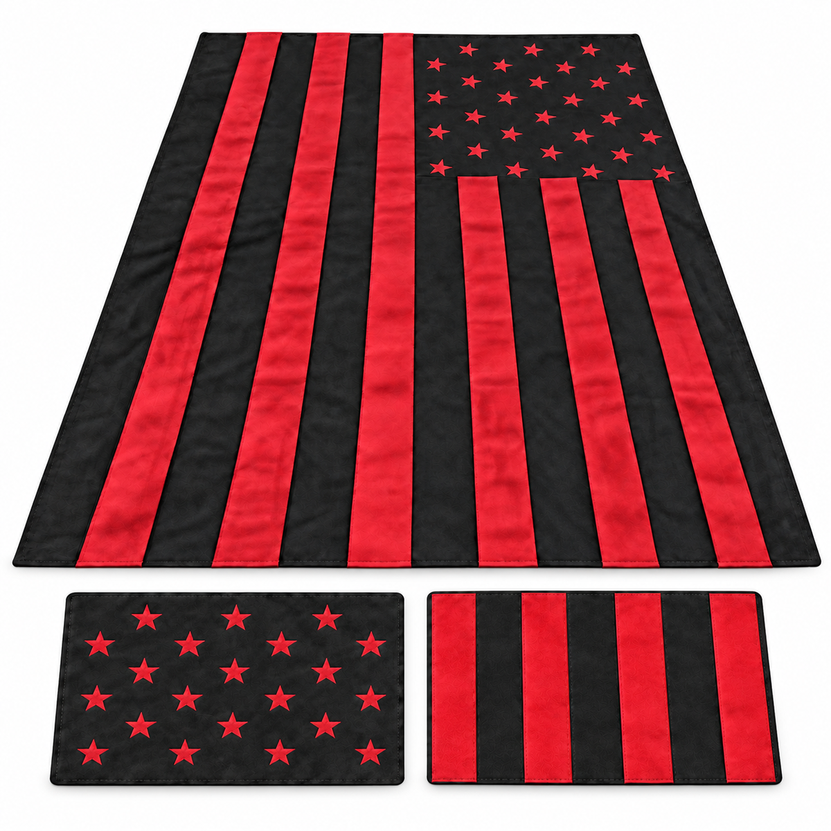 Black and red suede American flag headliner kit with matching sun-visor cutaways and sunroof shade material