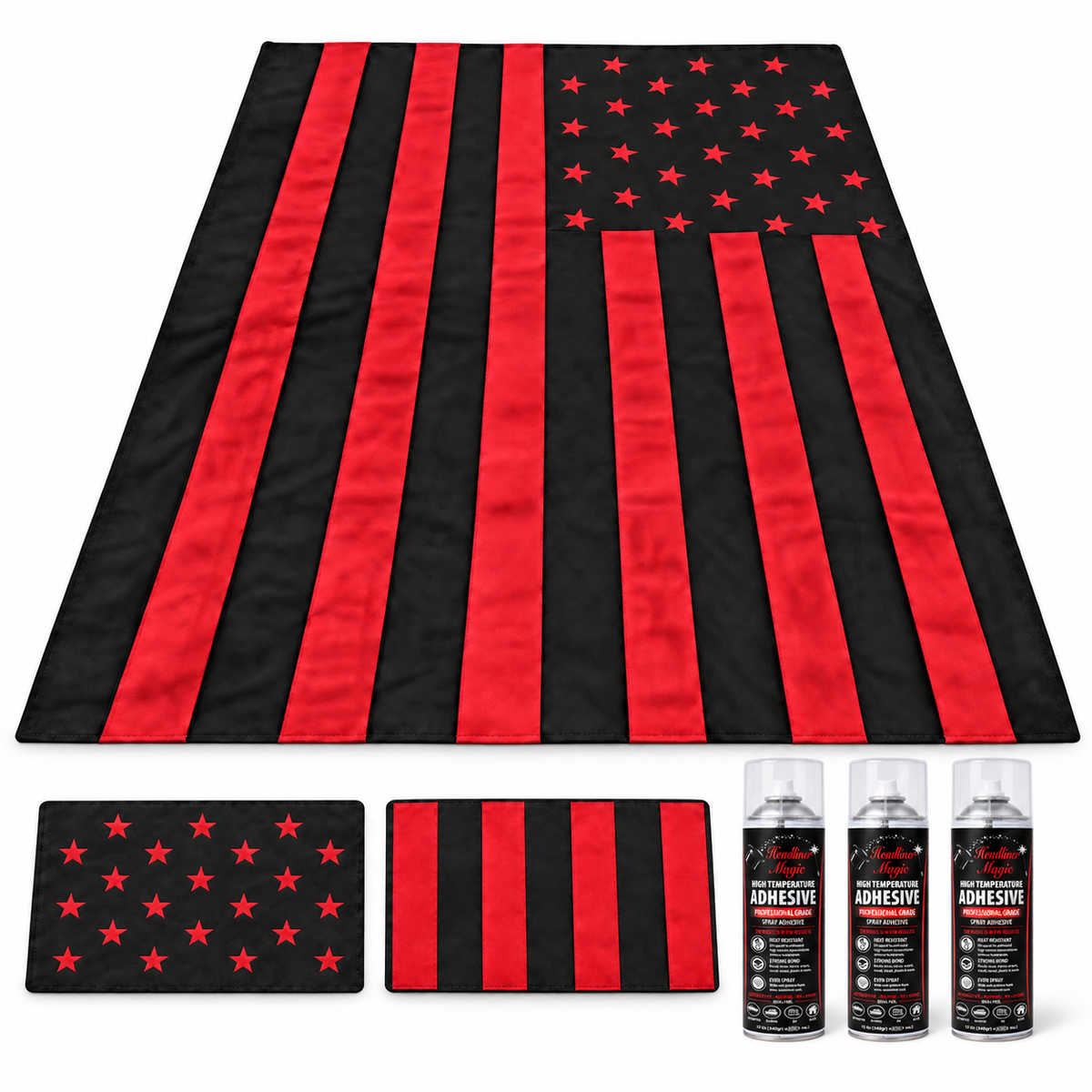Black and red American flag suede headliner with matching star and striped sun-visor cutaways and three Headliner Magic adhesive cans.