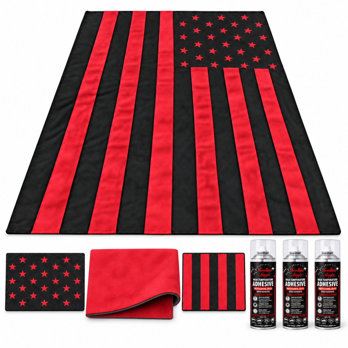 Black and red American flag suede headliner kit with matching sun-visor cutaways, red sunroof shade material and three Headliner Magic adhesive cans