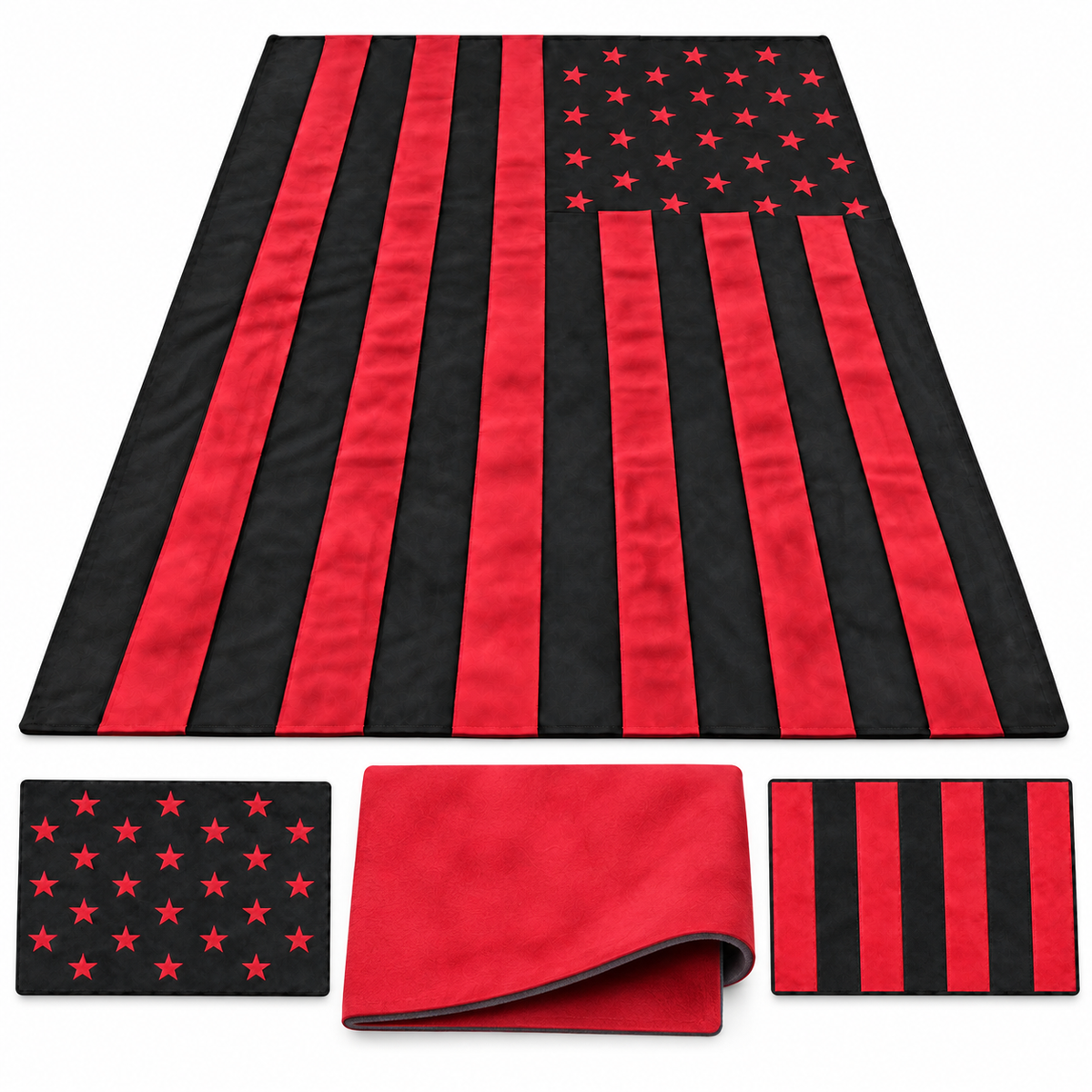 Black and red suede American flag headliner kit with matching sun-visor cutaways and sunroof shade material