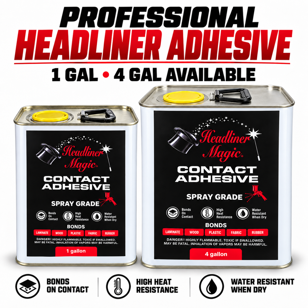 Headliner Magic 1-gallon and 4-gallon spray-grade contact adhesive containers side by side.