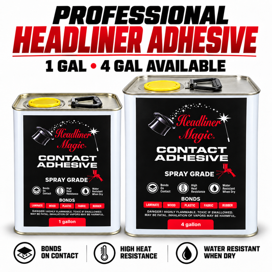 Headliner Magic 1-gallon and 4-gallon spray-grade contact adhesive containers side by side.
