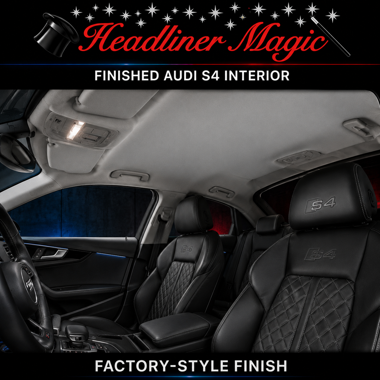 Audi S4 interior headliner upgrade by Headliner Magic, showing a black leather front seat with diamond-quilted stitching and an embossed S4 logo, alongside a lighted beige/gray headliner installed in the car cabin.