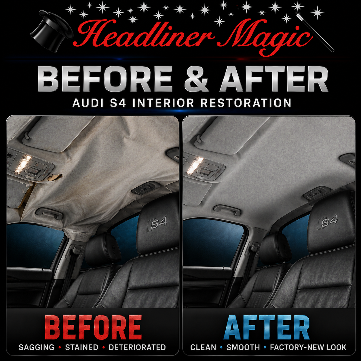 Before and after comparison graphic for Headliner Magic Audi S4 interior restoration, showing a dirty sagging headliner in the left 'Before' panel and a clean restored headliner in the right 'After' panel.