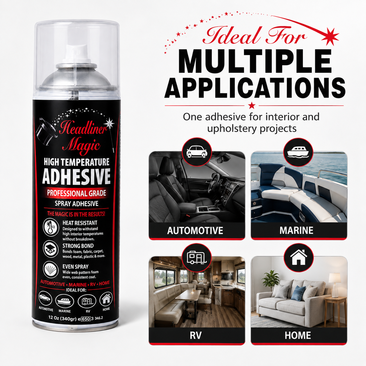 Headliner Magic spray adhesive for automotive marine RV and home upholstery projects