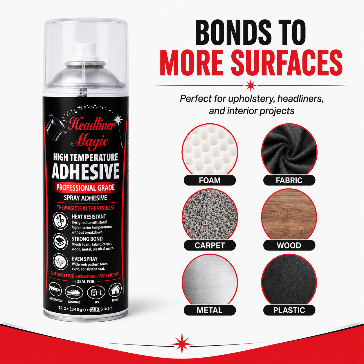 Headliner Magic adhesive bonds foam fabric carpet wood metal and plastic surfaces