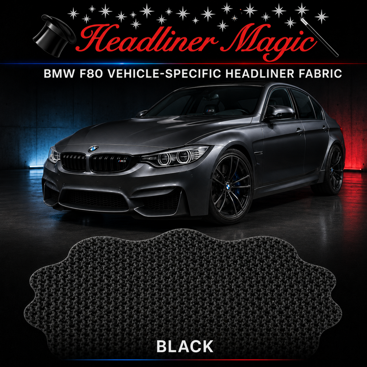 Headliner Magic Black vehicle-specific replacement headliner fabric for BMW F80 M3.