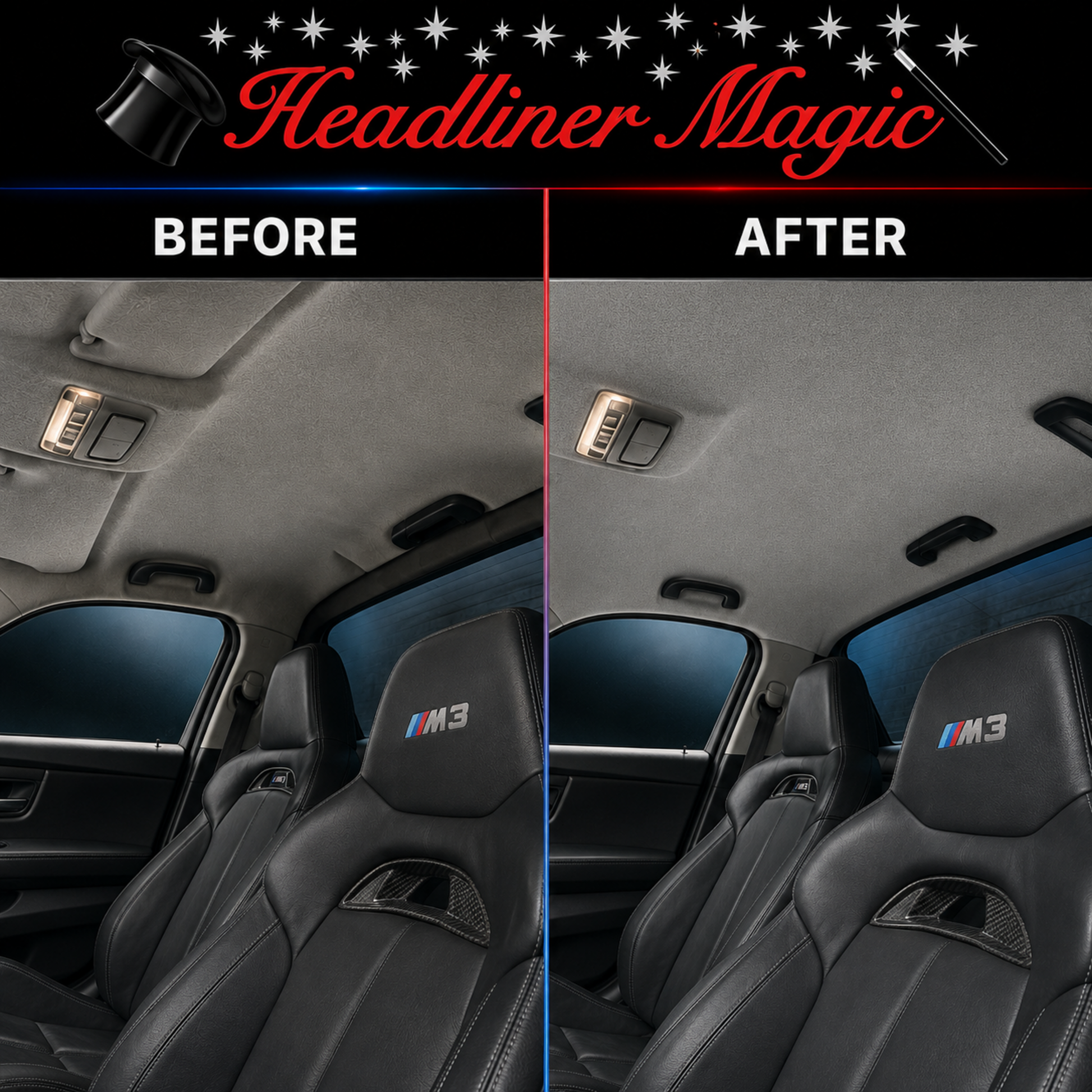 Before-and-after BMW F80 M3 interior showing a sagging deteriorated headliner and a smooth Light Gray Headliner Magic replacement