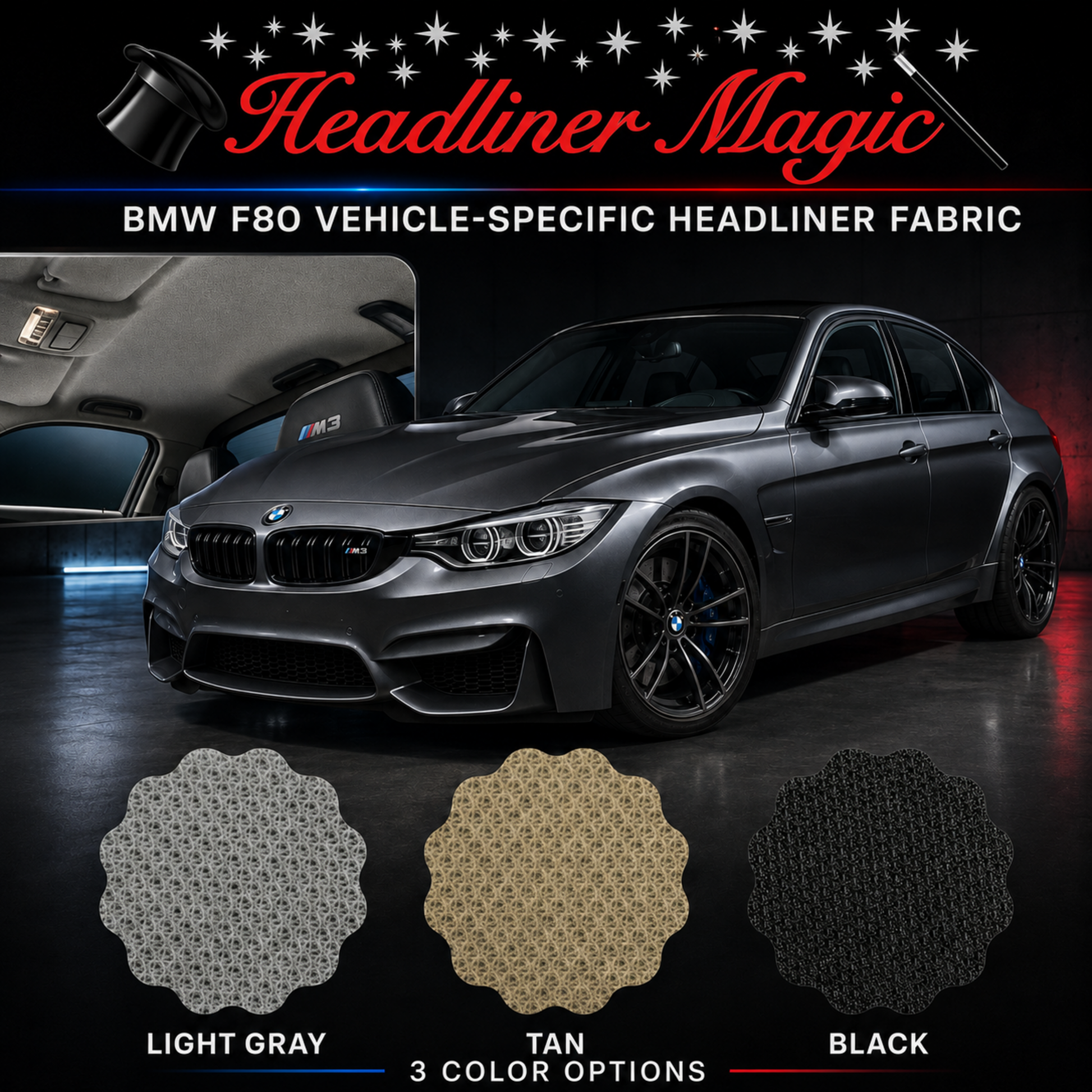 Headliner Magic BMW F80 vehicle-specific replacement headliner fabric in Light Gray, Tan, and Black