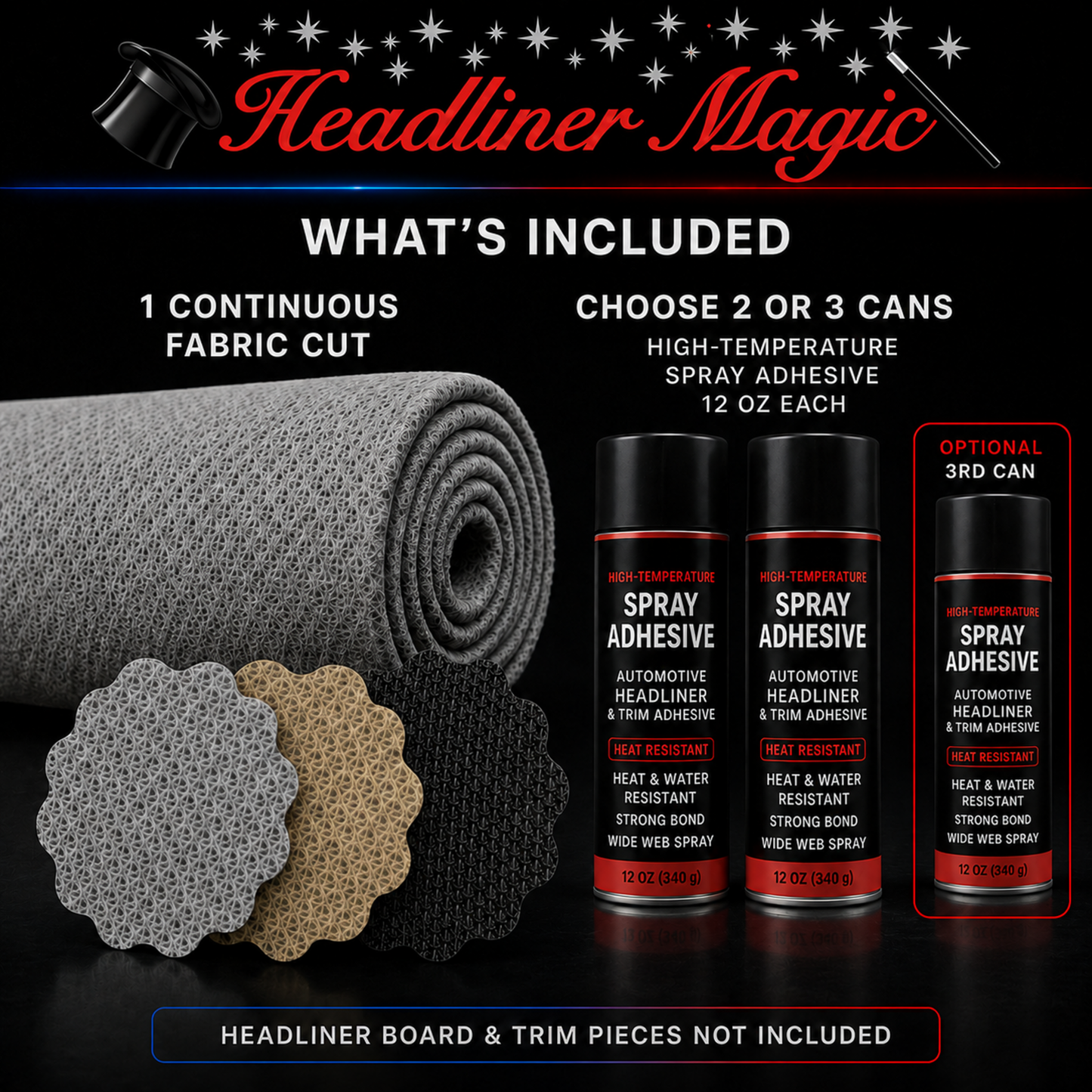 Headliner Magic BMW F80 M3 fabric kit with one continuous fabric cut and choice of two or three 12 oz spray-adhesive cans
