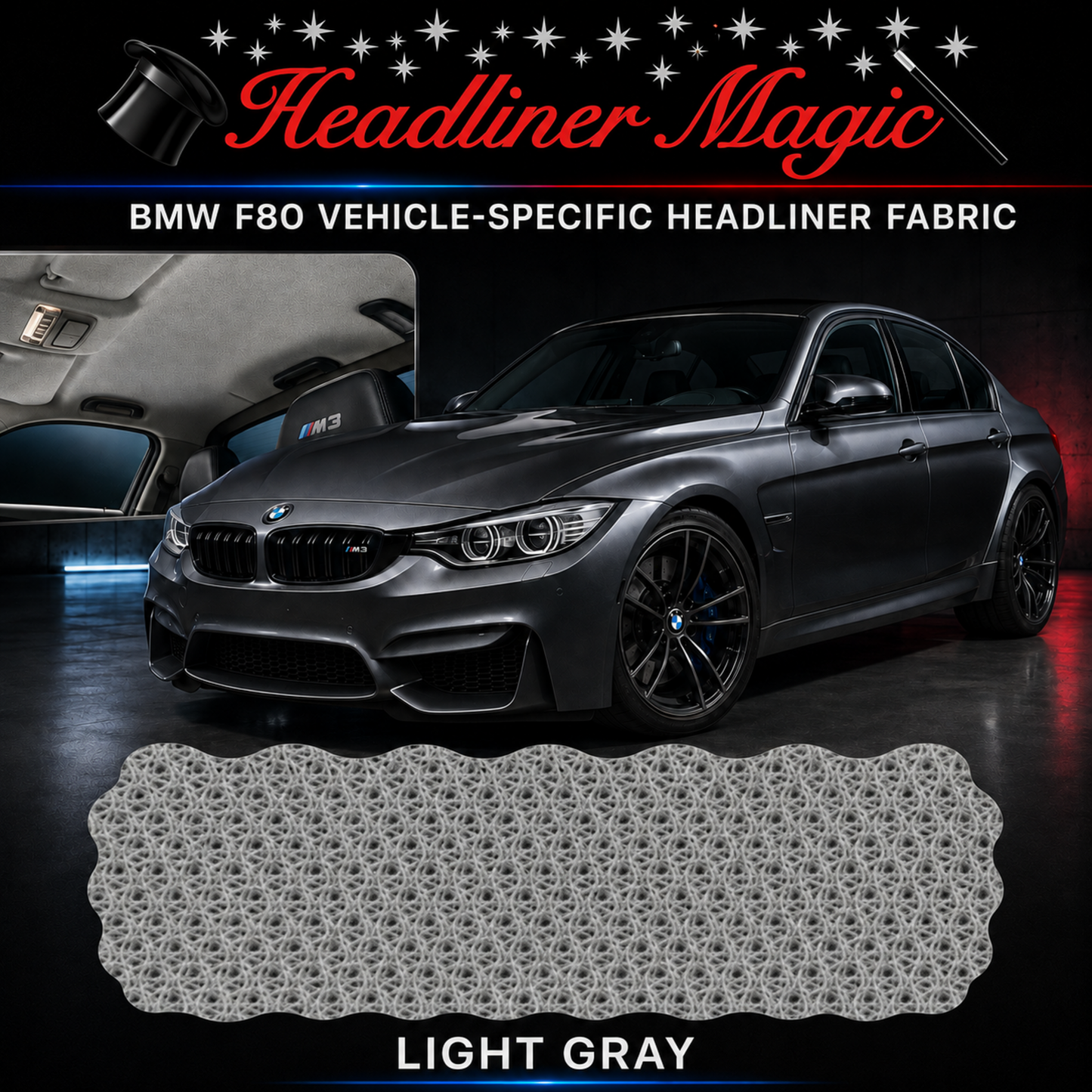 Headliner Magic Light Gray vehicle-specific replacement headliner fabric for BMW F80 M3.