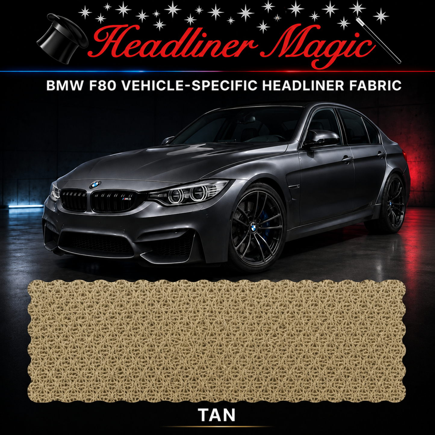 Headliner Magic Tan vehicle-specific replacement headliner fabric for BMW F80 M3.