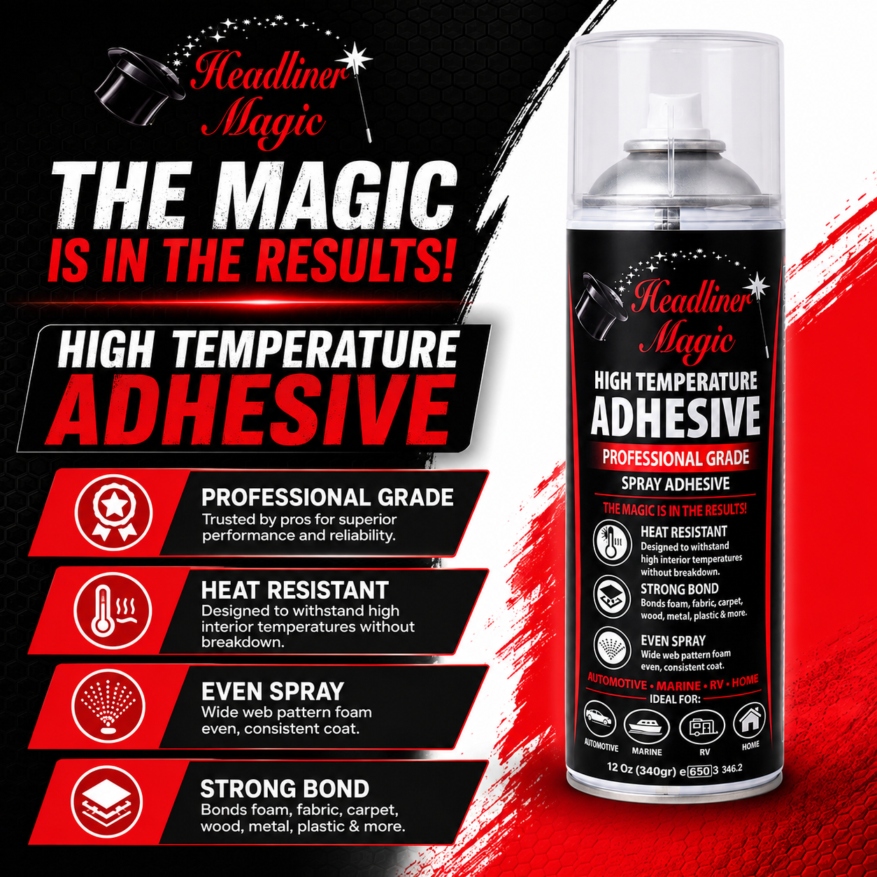 High temperature Headliner Magic adhesive with professional grade heat resistant bonding features