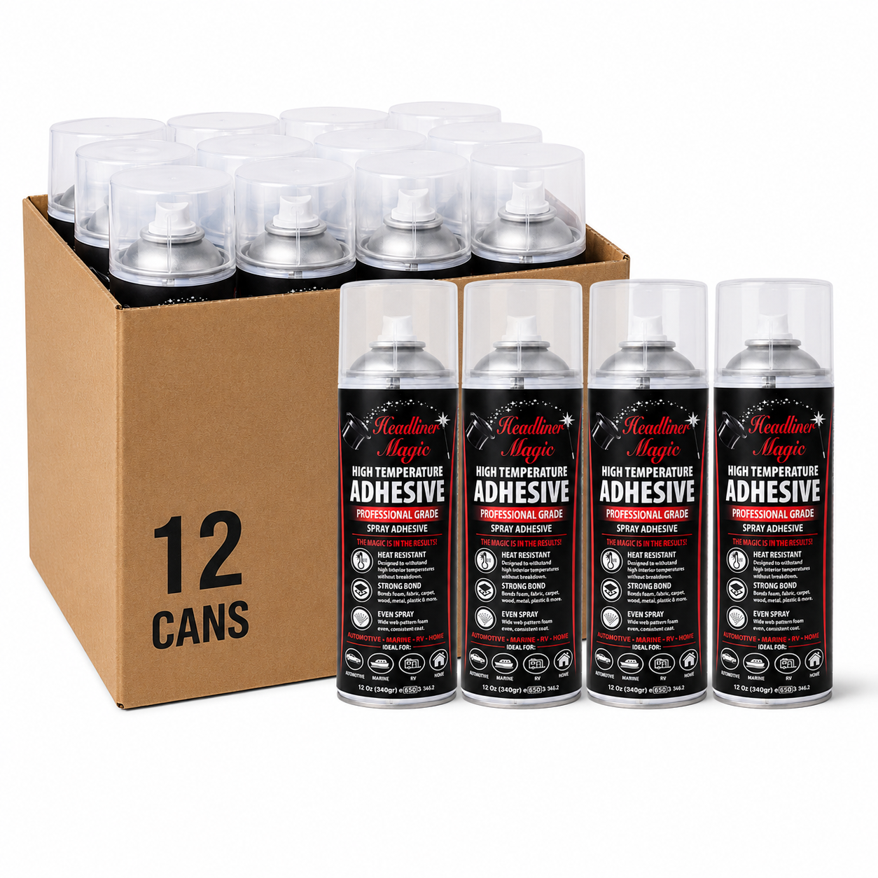 Headliner Magic high temperature spray adhesive case of 12 professional grade 12 oz cans