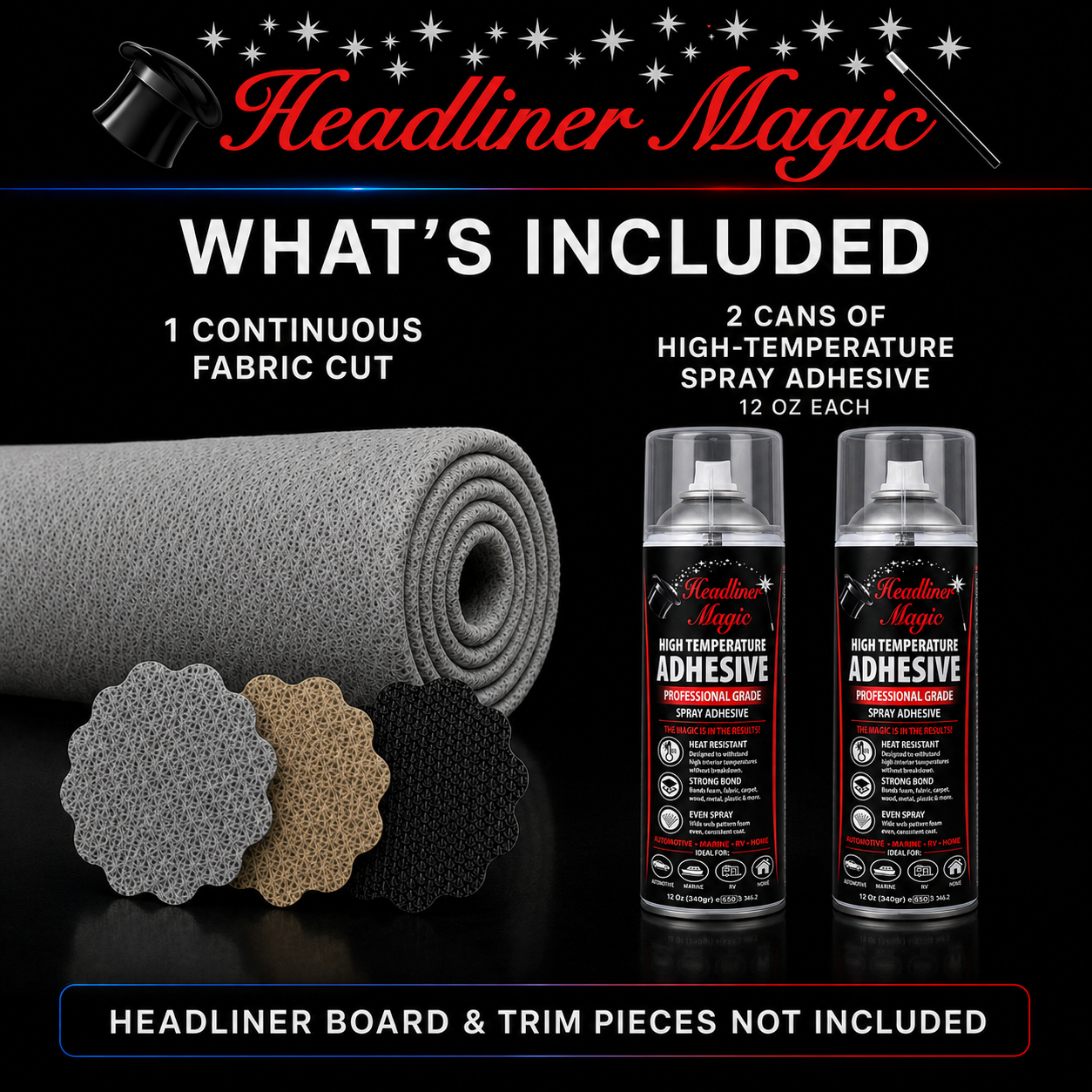 Headliner Magic product listing graphic showing a rolled gray fabric cut, three circular fabric swatches in gray, tan, and black, and two cans of high-temperature spray adhesive on a black background. Text states what is included and notes headliner board and trim pieces are not included.