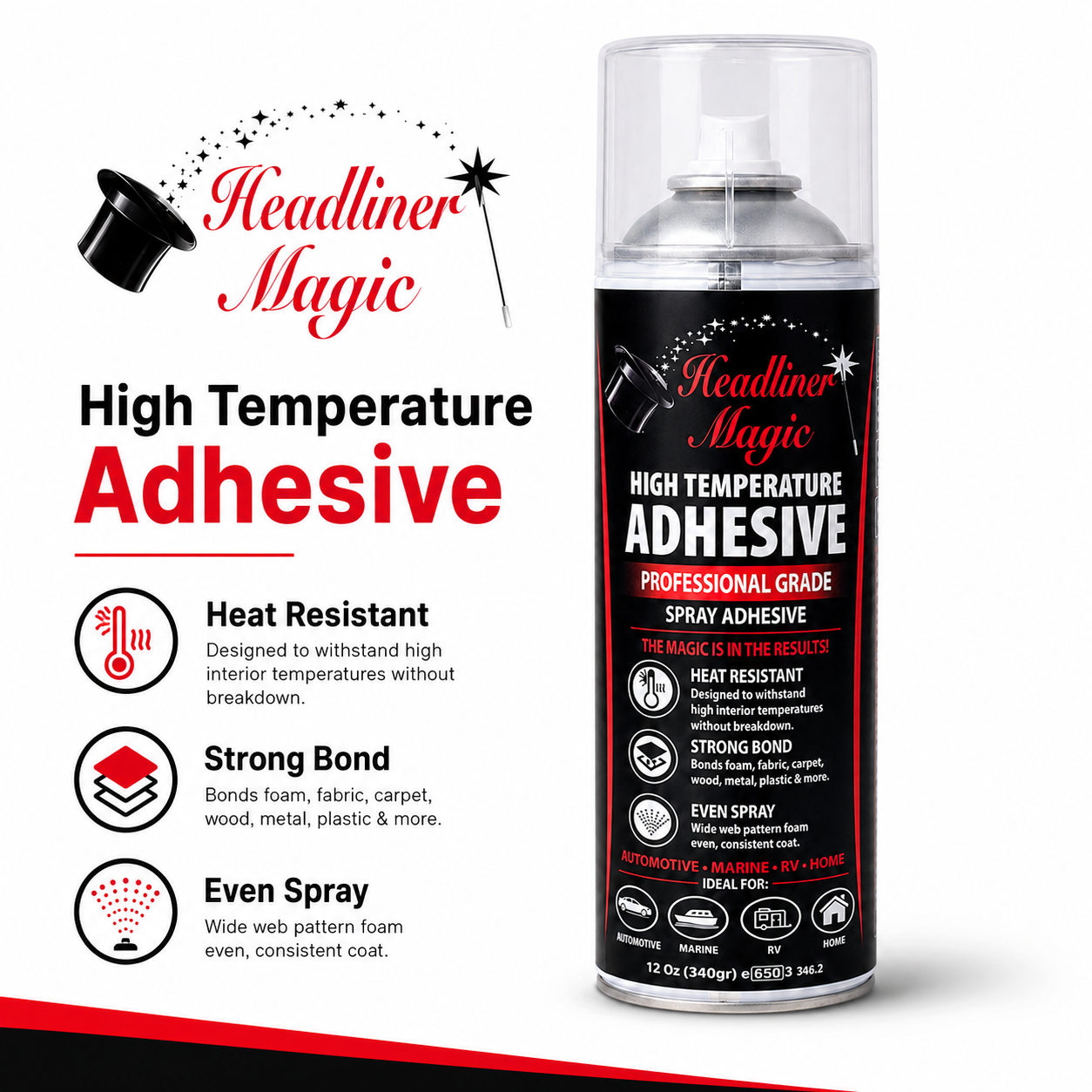 Headliner Magic spray adhesive with heat resistant strong bond and even spray features
