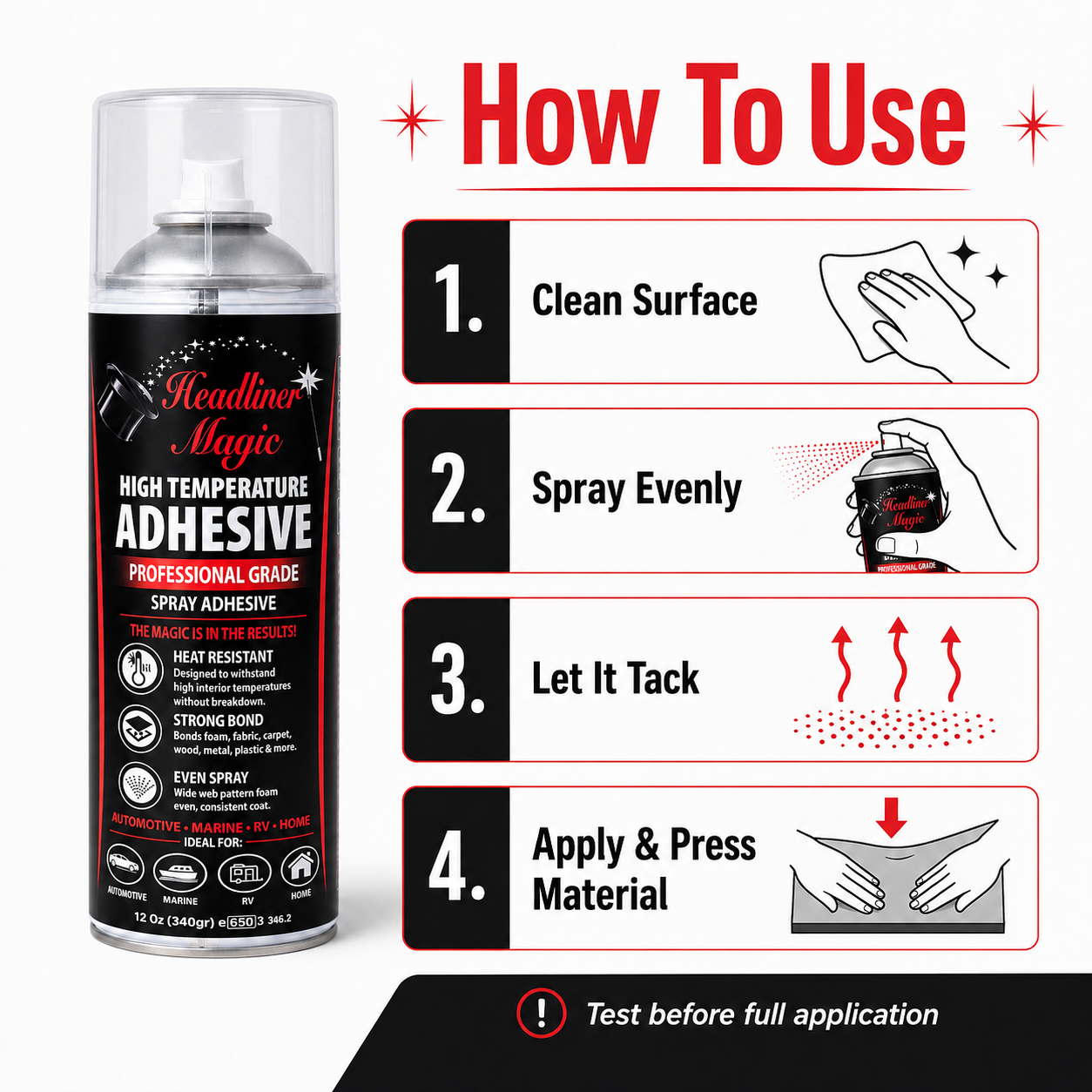 Instructions for using Headliner Magic spray adhesive on upholstery and headliner material