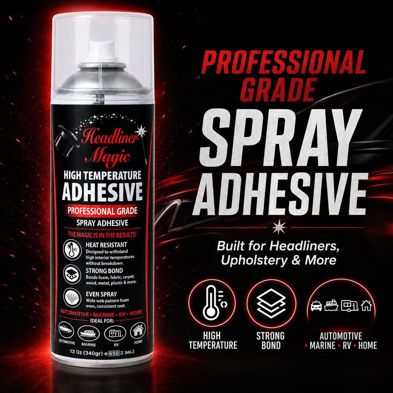 Professional grade Headliner Magic spray adhesive for automotive headliners and upholstery
