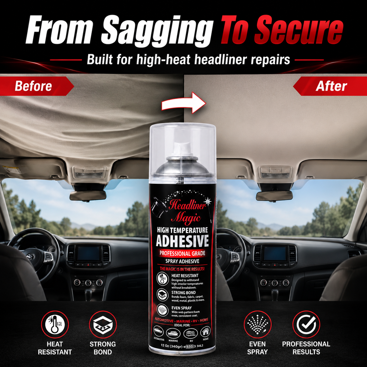 Sagging automotive headliner before and after installation using Headliner Magic adhesive