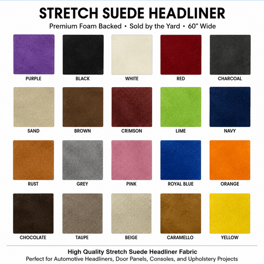 Headliner Magic stretch suede headliner fabric color chart featuring 20 automotive upholstery colors including black, grey, charcoal, white, red, navy, brown, taupe, beige, and more. Premium foam-backed suede sold by the yard.